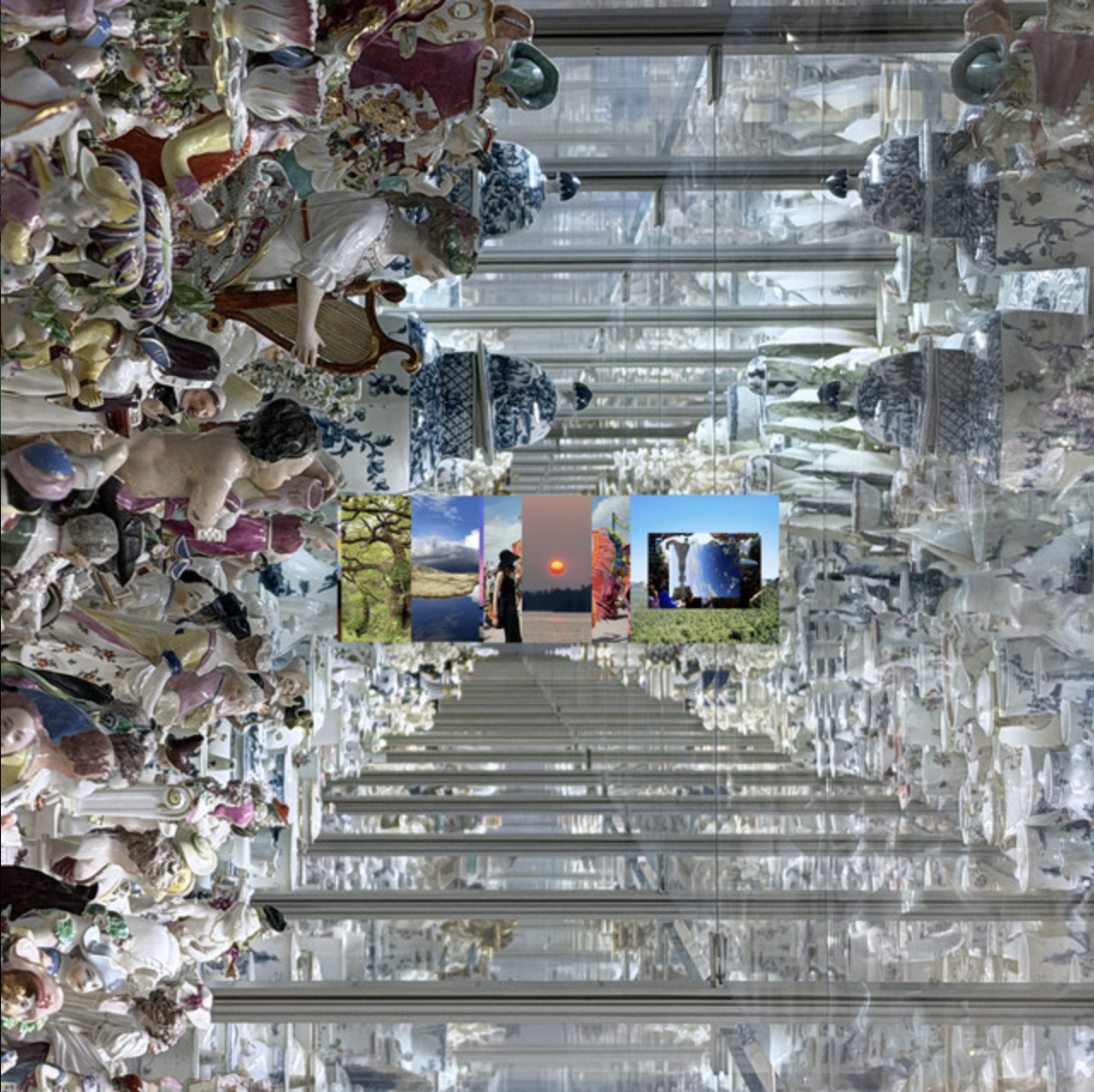 Four Tet album cover — a mirrored corridor of porcelain figurines