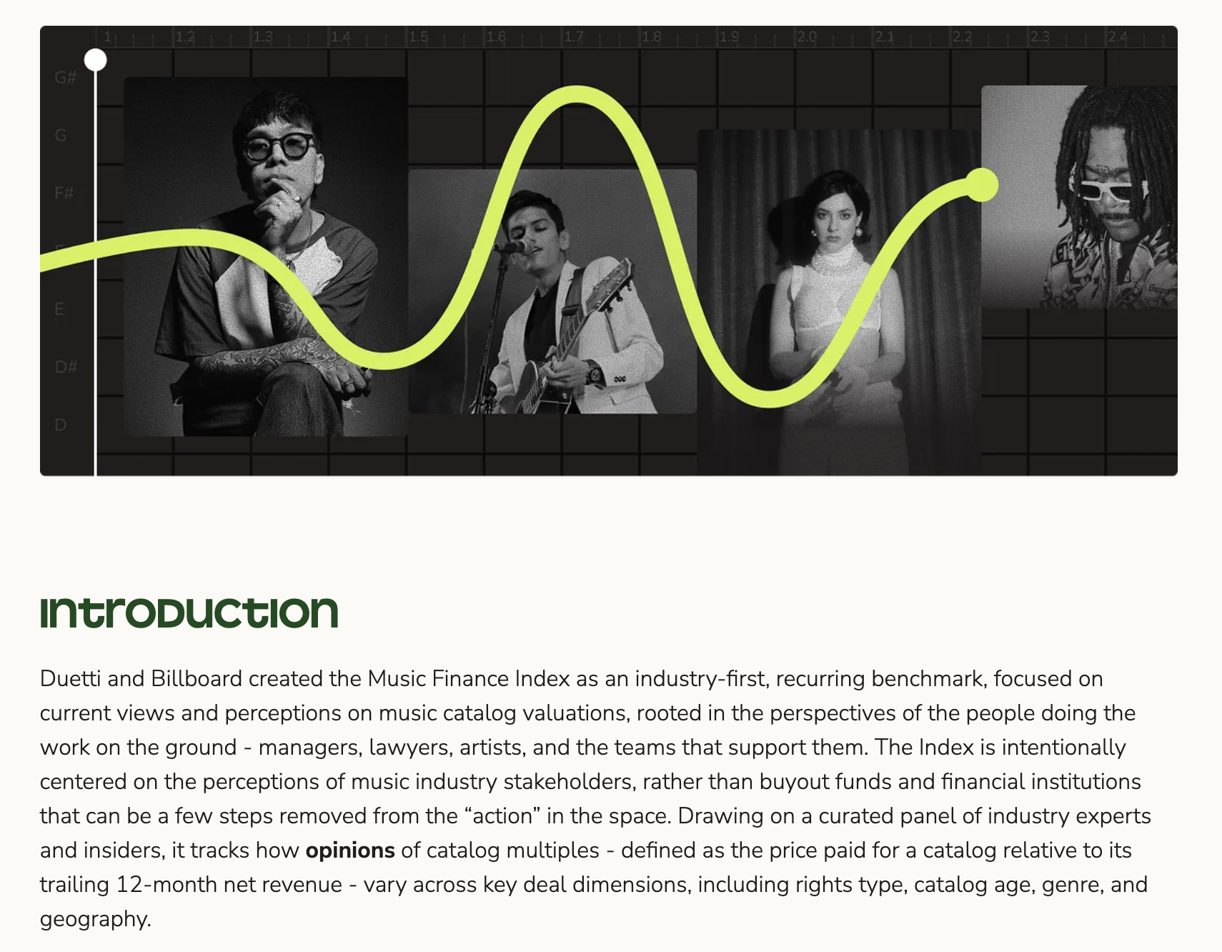 Music Finance Index cover artwork — black and white portraits of artists over a chart-like grid